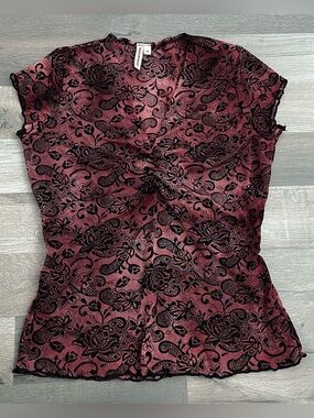 Vintage Y2K Whimsigoth Floral Velvet Mesh Glitter Top